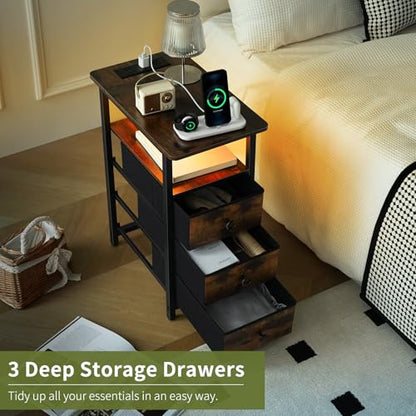 End Table with Charging Station, LED Narrow Side Table Bedside Table, Small Night Stand End Tables Living Room, Skinny Nightstand with 3 Fabric Drawers, Side Tables Bedroom for Small Spaces