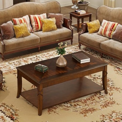 Solid Wood Coffee Table with Storage Shelf, Mid-Century Living Room Table with Wood Carved Tabletop and Leg, 43.3” Splicing Cocktail Center Table,Easy Assembly, Cherry Brown KFZ-DR200