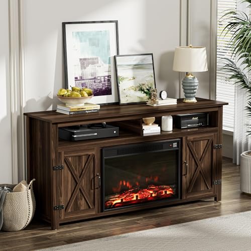 Farmhouse Fireplace TV Stand for Television up to 65+ Inch, Walnut, view 4