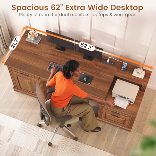 Farmhouse Executive Desk, 62'' Home Office Desk with File Drawers, view 7