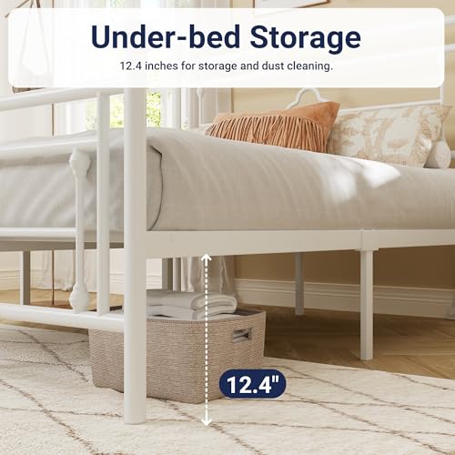 Full Size Metal Platform Bed Frame, Victorian Headboard, White, view 6
