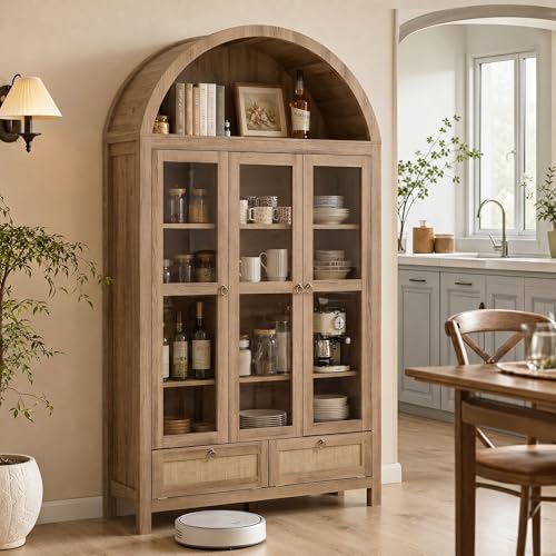 75'' Arched Cabinet Classic Farmhouse Design w/Three Glass Doors, view 2