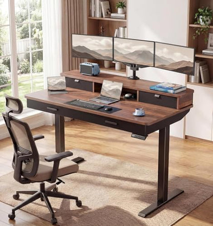 48 x 30 inch Electric Standing Desk with 4 Drawers, Adjustable Height Sit Stand Home Office Desk with Two Tiers, Ergonomic Adjustable Stand up Desk C-Clamp Monitor Mount Compatible, Walnut