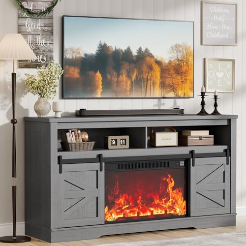 Fireplace TV Stand for 65 Inch TV with 26'' Fireplace (Pale Gray), view 4