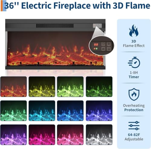 36 Inch Electric Fireplace with Remote, Four-Color Flame,Fireplace Only, view 4