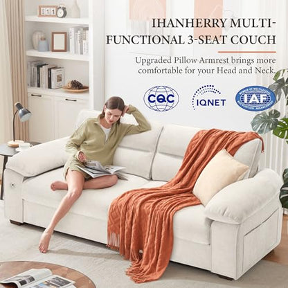 90.5" Modern Sofa 2-Seater Couch for Living Room, Chenille Pillow-Armrest with Extra Large Seat Width, USB/Type-C Charging Port & Side Pocket, Removable Medium Firm Cushion(Beige)
