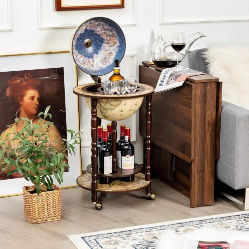 Byroce Globe Wine Bar with Wheels for Home Bar Storage (Creamy White) | Italian heritage old world map design eucalyptus wood 3 caster wheels holds bottles and glasses for home bar