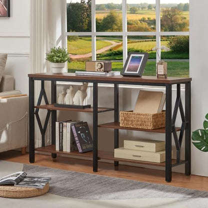 Console Sofa Table, Rustic Entryway Table with Metal Frame and Open Shelves, Industrial Hallway Table with 3 Tier for Entry, Living Room, Foyer,Brown,47 inch
