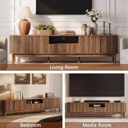 86in Fluted Walnut TV Stand for 85 Inch TV, Mid Century Media Console Table, view 8