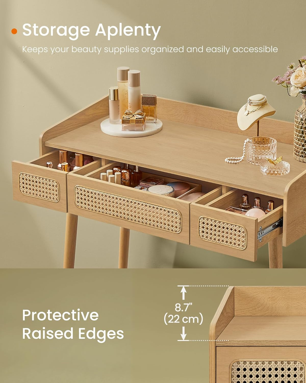 Vanity Desk with Mirror and Lights, Boho Makeup Vanity Table with 3 Rattan-Look Drawers, Dimmable Touch Control Light with 3 Color Temperatures, for Bedroom, Oak Beige