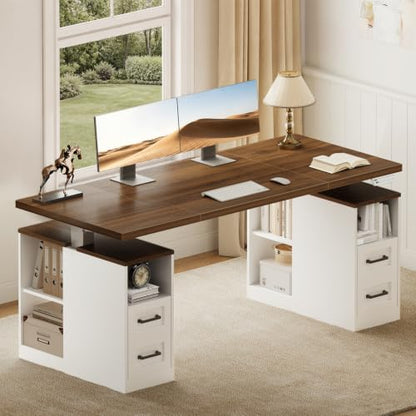 55 Inch Farmhouse Standing Desk with Storage Drawers, Walnut White, view 2