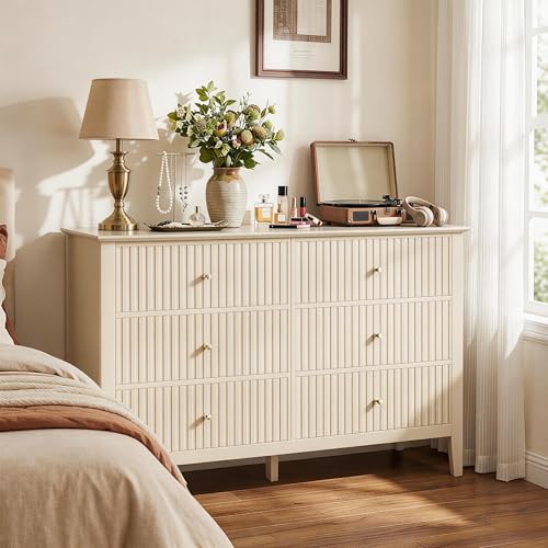 Beige 6 Drawer Dresser, Fluted Modern Wood Chest of Drawers, view 4