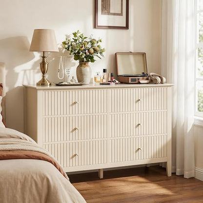 Beige 6 Drawer Dresser, Fluted Modern Wood Chest of Drawers, view 4