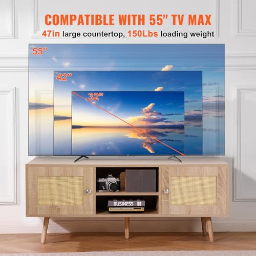 Rattan TV Stand, Boho TV Cabinet for 55 inch TV, Mid Century Modern TV Stand, Rattan TV Console with Adjustable Shelfs for Living Room, Media Room, Oak