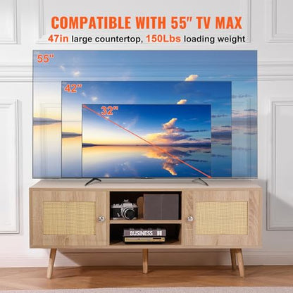 Rattan TV Stand, Boho TV Cabinet for 55 inch TV, Mid Century Modern TV Stand, Rattan TV Console with Adjustable Shelfs for Living Room, Media Room, Oak