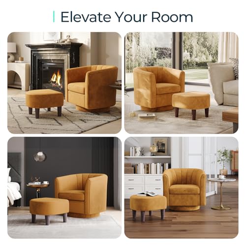 Swivel Accent Chair Ottoman Set: Velvet Small Barrel Chair with Foot Rest, Modern Reading Chair Upholstered Armchair with Footrest for Living Room Bedroom Study Room Office (Yellow)