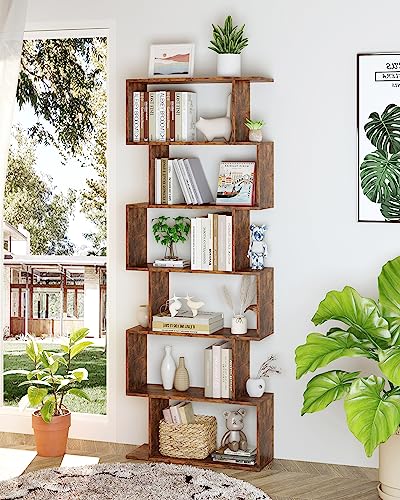 Geometric Bookcase, Bookshelf 6-Tier S Shaped Book Shelves for Bedroom, Modern Wood Decorative Display Shelf Tall Book Case for Home Office, Rustic Brown