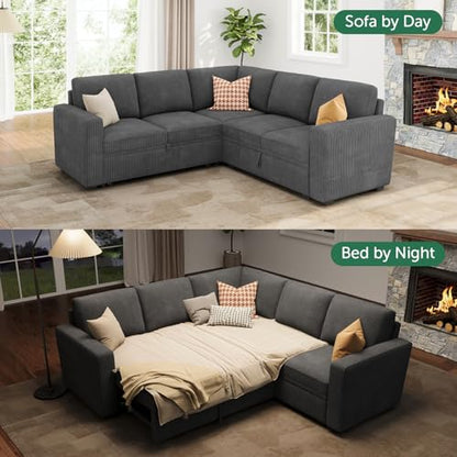 Modular Sectional Sleeper Sofa with Pull Out Bed, Corduroy L Shaped Couch with Storage Seats, Convertible Sectional Couches for Living Room, Dark Grey