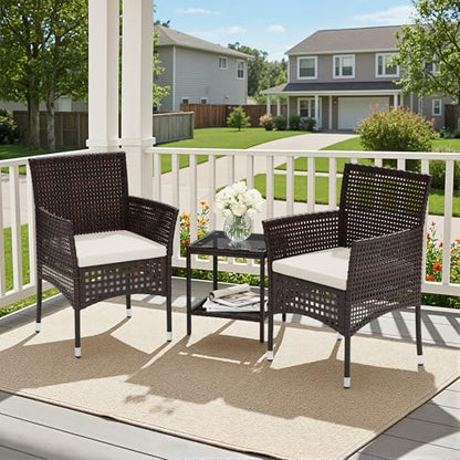 Outdoor 3 Piece Patio Furniture Set Wicker Chairs with Glass-top Coffee Table for Garden, Balcony, and Porch (Brown)