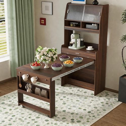 Kitchen Buffet with Hutch, 33.5-inch Sideboard Cabinet with Foldable Drop-Leaf Dining Table, Storage Shelves and Hooks for Small Spaces, Apartment (Walnut Wood+MDF + Farmhouse)