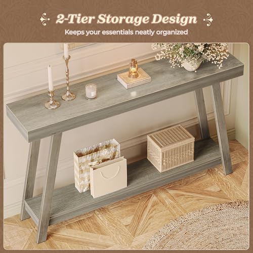 Console Table with Charging Station, USB-C Port, 2 Tiers Entryway Table, 53.9 Inch Sofa Table with Metal Legs, Entry Hallway Table with Thicker Desktop, Modern Behind Couch Table, Grey