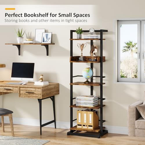 Book Shelf Narrow Bookshelf: 5 Tier Wood Bookcase with Metal Edge Protection Industrial Modern Bookshelf Book Storage Organizer for Living Room Bedroom Home Office (Rustic Brown)