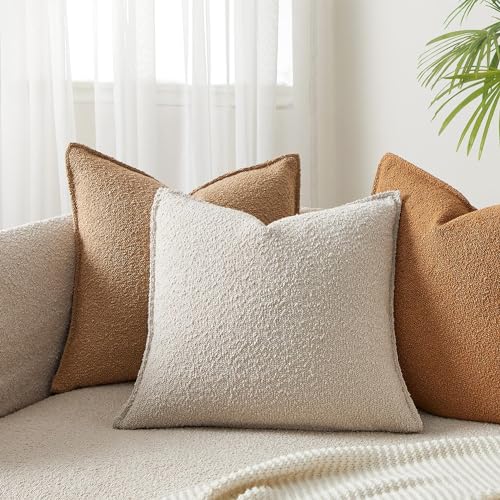 18x18 Pillow Covers Set of 2 Decorative Throw Pillow Covers Case for Couch Sofa Bed Soft Boucle Textured Cushion Covers with Hidden Zipper for Home Decor Living Room,Beige