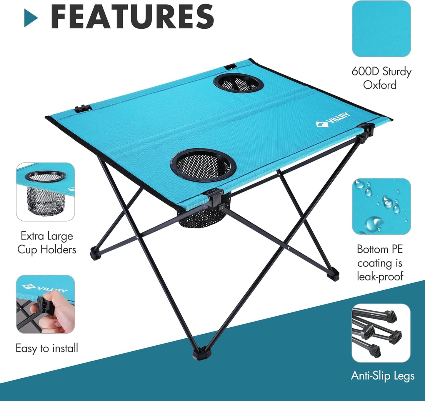 Folding Camping Table, Lightweight Portable Beach Table with 2 Cup Holders & Carry Bag for Camping, Beach, Fishing, Travel, and Outdoor Activities (Small)