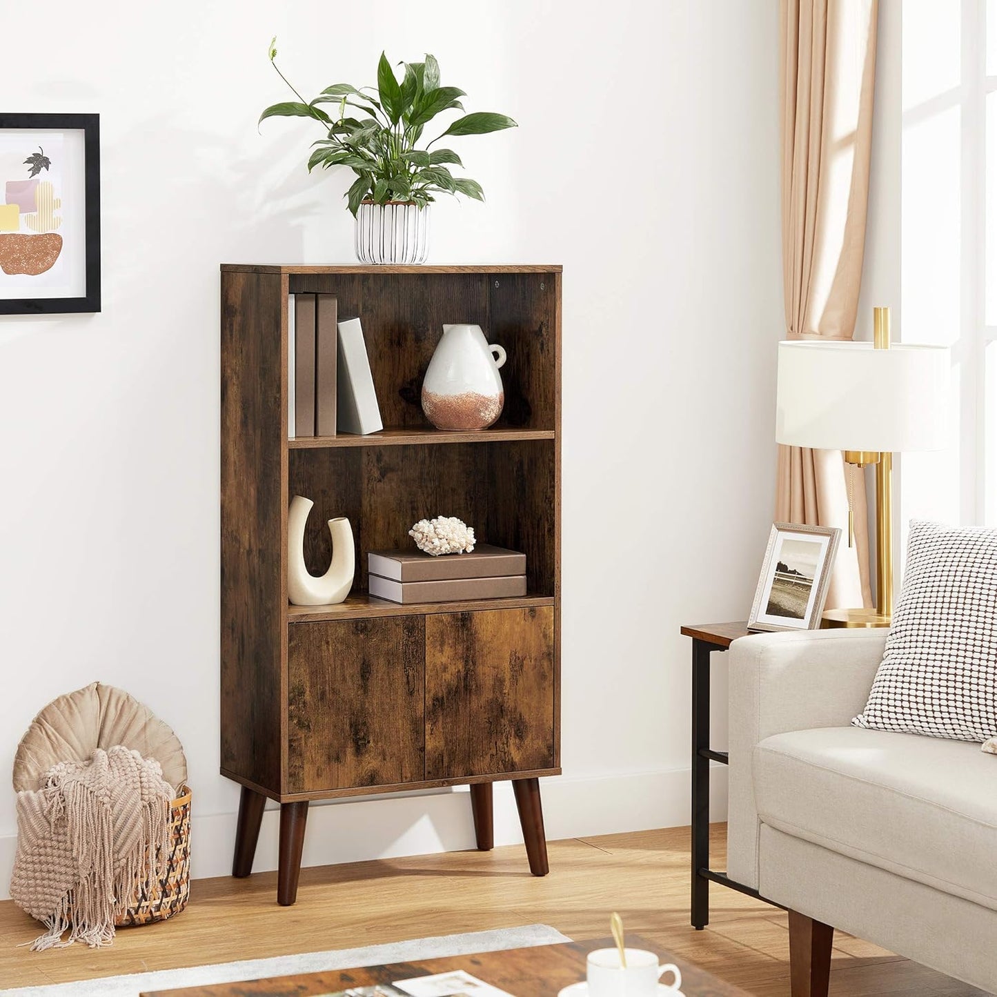 Bookcase, 2-Tier Retro Bookshelf with Doors, Storage Cabinet for Books, Photos, Decorations in Living Room, Office, Study, Mid-Century Style, Rustic Brown ULBC09BX