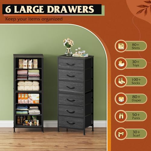 Tall Dresser for Bedroom, 6 Drawer Chest of Drawers, Black Wood Grain, view 6
