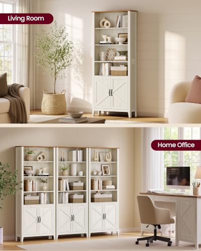 Liry Collection Farmhouse Bookshelf, 6-Tier Bookcase with Doors, Storage Cabinets, 24.8 x 10 x 70.7 inch, for Home Office, Living Room, Cloud White and Warm Brown ULBC134W101S