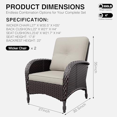 Wicker Patio Chairs Set of 2, Rattan Outdoor Furniture with Thickened Cushions, High Back, Deep Seating, Wide Armrest, Outdoor Chairs for Porch, Deck