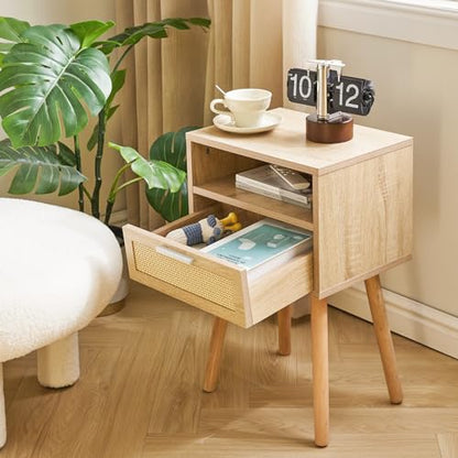 Rattan Nightstand, Boho Side Table with Drawer Open Shelf, Wood Accent Bedside Table, End Table with Legs for Bedroom, Living Room and Small Spaces,Natural UWNS009N