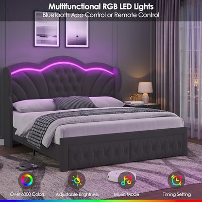 Queen Bed Frame with LED Lights and 2 Storage Drawers, Velvet Upholstered Platform with 47" Tall Arc-Shaped Wingback Headboard and Button Tufted Design, No Box Spring Needed, Noise-Free, Gray