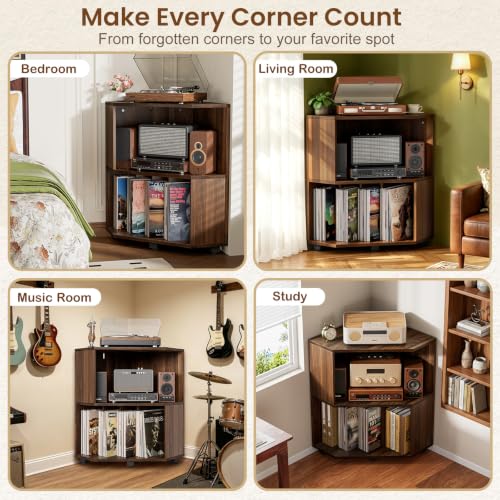 Corner Record Player Stand, Record Player Cabinet, Walnut, view 6
