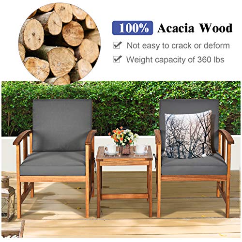 3 Pieces Patio Furniture Set, Includes Set of 2 Outdoor Acacia Wood Cushioned Chairs and Coffee Table, for Garden, Backyard, Poolside, Bistro and Deck, Patio Conversation Chat Set (Gray)