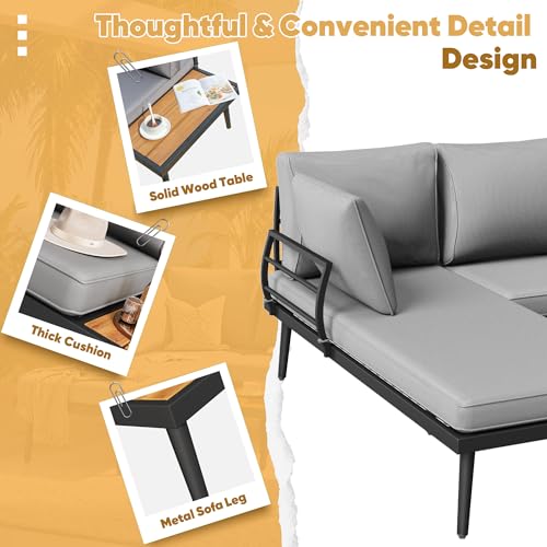 Outdoor Sectional Sofa Set L-Shaped Metal Patio Furniture with All-Weather Cushions and Built-in Side Coffee Table for Garden, Lawn, Backyard, Poolside, Gray