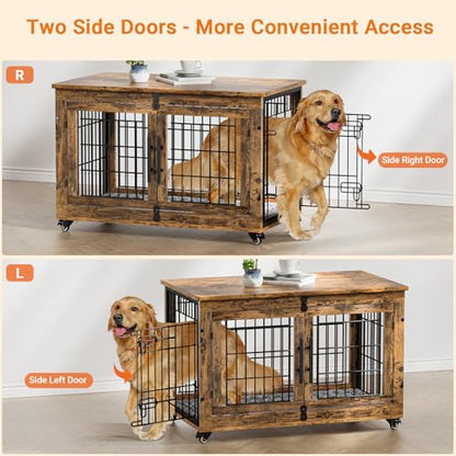Large Dog Crate Furniture, 38'' Heavy Duty Wood Kennel w/Cushion & Wheels, view 6