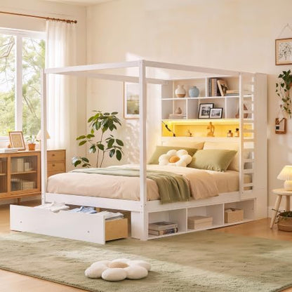 Full Size Wooden Canopy Bed Frame with Bookcase Headboard,USB Outlets, view 2