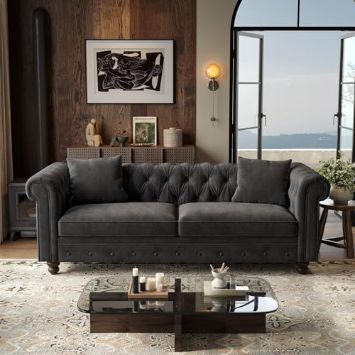 82 Inch Chesterfield Sofa, 23 Inch Deep Seat Velvet Couch for Living Room, Button Tufted Couch with Rolled Arms, 2 Throw Pillows, Comfy Vintage Loveseat Sofa for Apartment, Black
