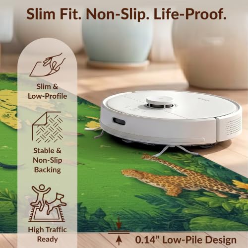 Design&I 6'x9' Green Tropical World Map Adventure Washable Area Rug | Explore Exotic Animals in an Educational Layout for Queen Size Bedroom, Under Bed, Sleek Flatweave Pet Friendly