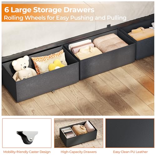 Queen Bed Frame with Storage Headboard, 6 Drawers, LED & Charging, view 8