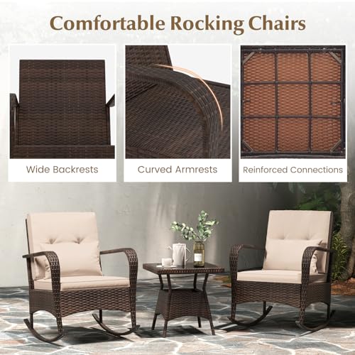 Outdoor Rocking Chairs Set of 2, 3 Piece PE Wicker Patio Bistro Set | Coffee Table & Thick Cushions, Rattan Patio Rocker Furniture for Front Porch Lawn Garden Backyard Deck Poolside (Beige)