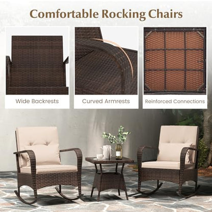 Outdoor Rocking Chairs Set of 2, 3 Piece PE Wicker Patio Bistro Set | Coffee Table & Thick Cushions, Rattan Patio Rocker Furniture for Front Porch Lawn Garden Backyard Deck Poolside (Beige)