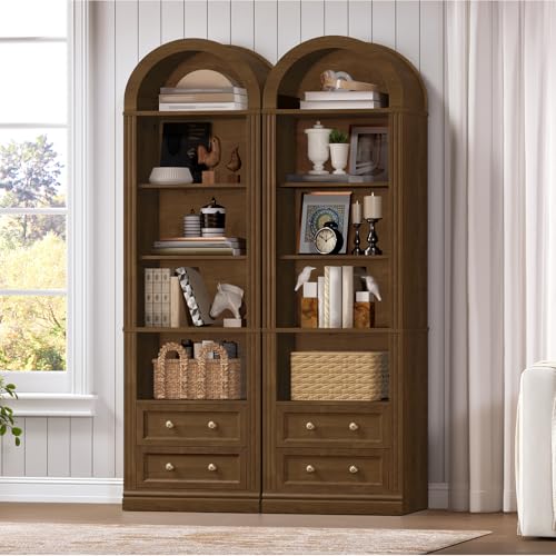 Tall Narrow Bookshelf, Arched Bookshelf with 2 Drawers, 7-Tier, view 4