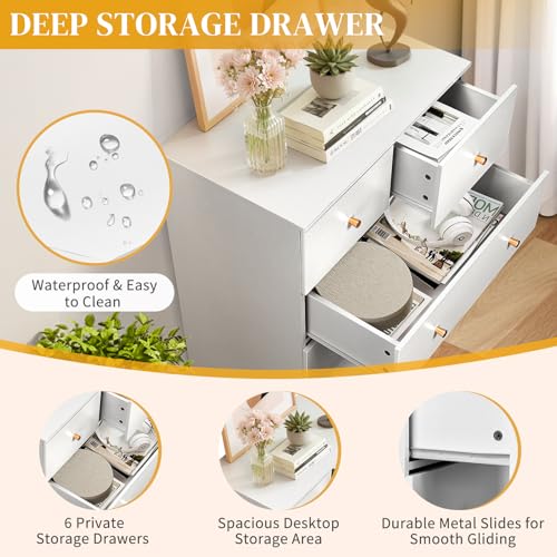 White 6 Drawer Dresser, Rose Gold Handle Modern Bedroom Chest, view 5