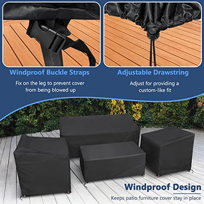 Outdoor Furniture Cover Waterproof, 4 Piece Patio Furniture Set Cover 400D for Outside Couch, Lawn Chairs, Coffee Table, Windproof with Buckle Strap, Black