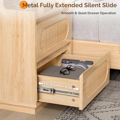 Rattan Nightstand with Charging Station, Boho Nightstand with Drawers and Shelves, Wood Night Stand Bedroom, Real Rattan Bed Side Table/End Table，17.72" W*13.86" D*25.6" H