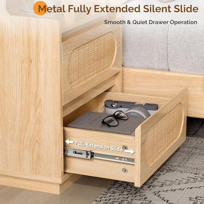 Rattan Nightstand with Charging Station, Boho Nightstand with Drawers and Shelves, Wood Night Stand Bedroom, Real Rattan Bed Side Table/End Table，17.72" W*13.86" D*25.6" H