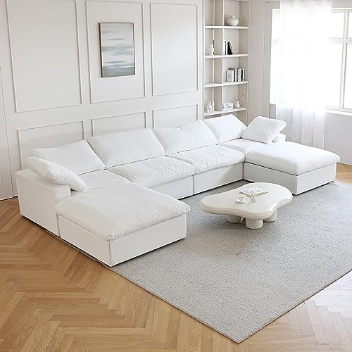 U-Shaped Cloud Couches for Living Room, 6-Seats Modular Convertible Sectional Sofas, Cushion Covers Removable, Comfy Sectional Couch with Chaise Ottomans for Living Room Apartment (White)